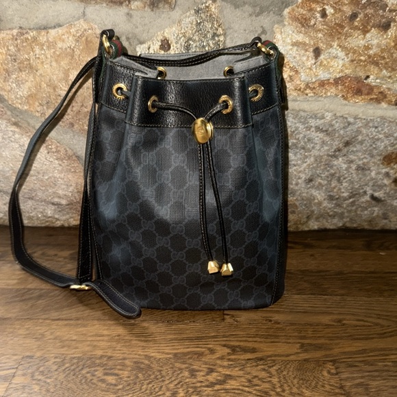 Auth WEEKEND DEAL GUCCI GG Sherry Line PVC Leather Black Drawstring Shoulder Bag - Picture 17 of 17